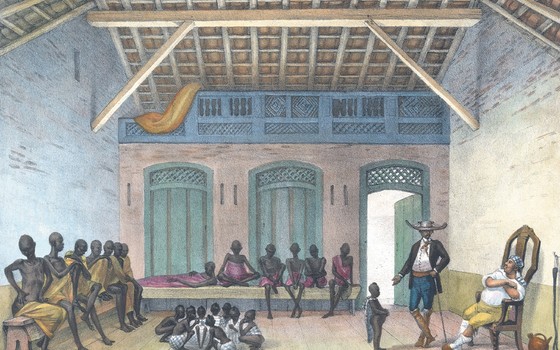 Na obra, Debret apresenta as condições nas quais escravos eram vendidos no mercado da Rua do Valongo, no Rio de Janeiro. A obra apresenta as contradições da alimentação dos escravos no Brasil com os documentos oficiais enviados à Coroa Portuguesa.